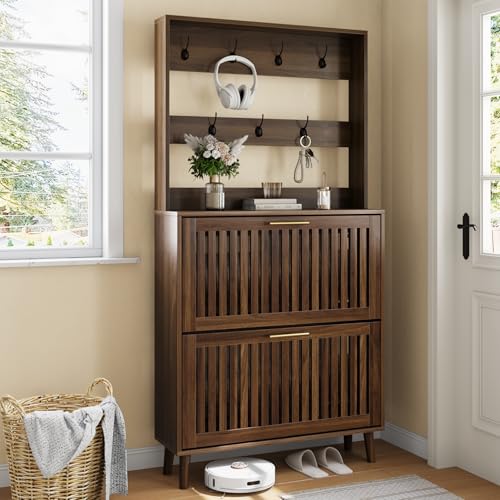 Smart FENDEE Shoe Cabinet for Entryway with 2 Flip Drawers & Coat Rack, Narrow Hidden Shoe Storage Cabinet with Slatted Panel, 2-in-1 Hall Tree Freestanding Shoe Rack Organizer for Hallway, Walnut - color: Walnut, size: Double Layer With Rack