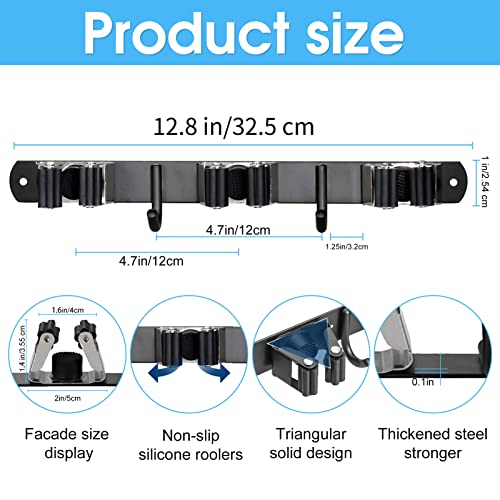 Huryfox Heavy-Duty Stainless Steel Broom Holder, Black, Wall Mount, 1-4 cm Diameter Compatible, Adjustable, 3 Racks, 2 Hooks, Space-Saving - size: 3 Racks and 2 Hooks
