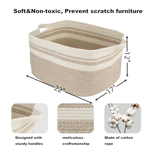 XUANGUO Large Rectangle Blankets Basket Living Room 22"x17"x12" Woven Cotton Rope Storage Baskets for Nursery Toy Baskets for Kids Wicker Laundry Basket Bin for Clothes Towels white brown - color: white and brown