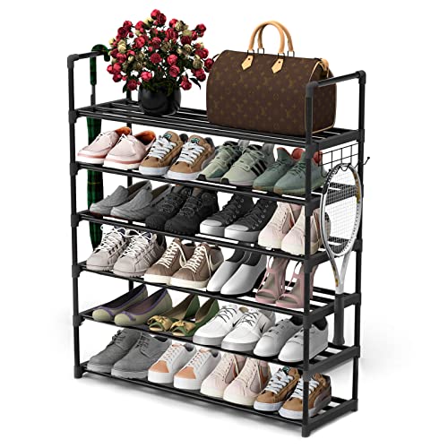 Hsscblet 6 Tiers Metal Shoe Rack,Adjustable Shoe Shelf Storage Organizer with Hooks,Stackable Boot & Shoe Storage,for Entryway,Hallway,Closet,Black - size: 6-Tier