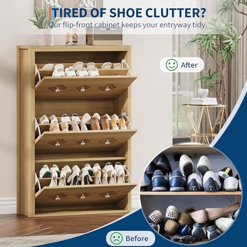 GarveeHome Shoe Storage Cabinet with 3 Flip Drawers, Narrow Wood Shoe Organizer Cabinet with Floral Pattern, Freestanding Slim Shoe Rack Cabinet with Adjustable Shelves, for Entryway, Hallway, Natural - color: Natural Wood Color, size: 3-Drawers