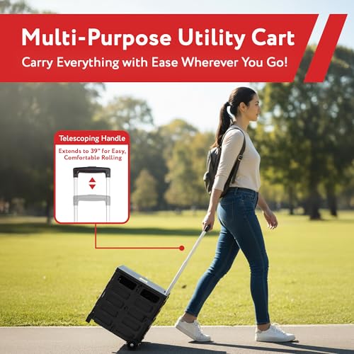 dbest products Quik Cart Pro Wheeled Rolling Crate Teacher Utility with seat Heavy Duty Collapsible Basket with Handle, Aluminum, Black - color: Black, style: Pro