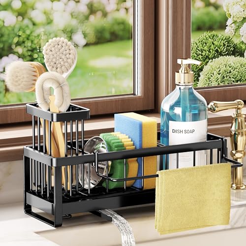 SWTYMIKI Sponge Holder for Kitchen Sink - Sink Caddy with Brush Holder Self-draining Sponge Caddy Organizer with Divider Stainless Steel Kitchen Accessories Storage for Countertop, Black - color: Black