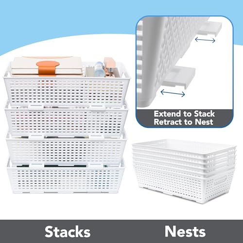 Tiawudi Stackable Woven Plastic Basket, Storage Bins for Cabinet, Closet, Shelf, Under Sink and Countertop, Pantry Organizer Bins, 6 Pack - color: White