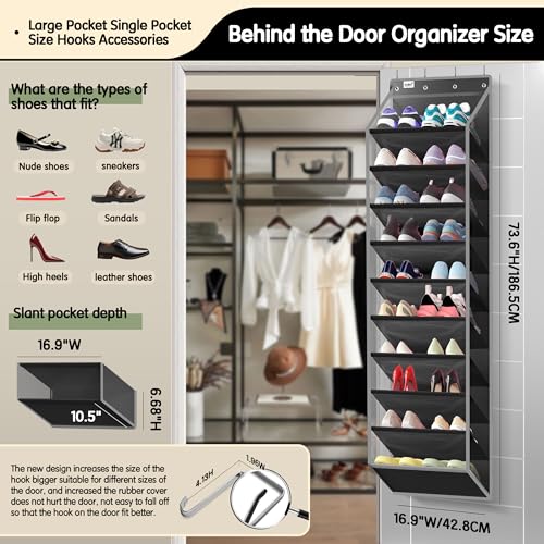 Kotkn 10 Tier Over The Door Organizer - Heavy Duty Hanging Storage Rack with Sturdy Oxford Fabric, Holds 20+ Pairs of Footwear, Boots & Sneakers, Saves 50% Closet Space (Black) - color: 10-cell Black