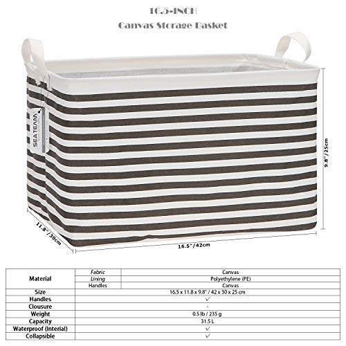 Sea Team 2-Pack Collapsible Canvas Fabric Storage Basket with Handles, Rectangle Waterproof Storage Bin, Box, Cube, Foldable Shelf Basket, Closet Organizer, 16.5 x 11.8 x 9.8 Inches, Black Stripe - color: Stripe/Black, size: 16.5 Inch (Pack of 2)