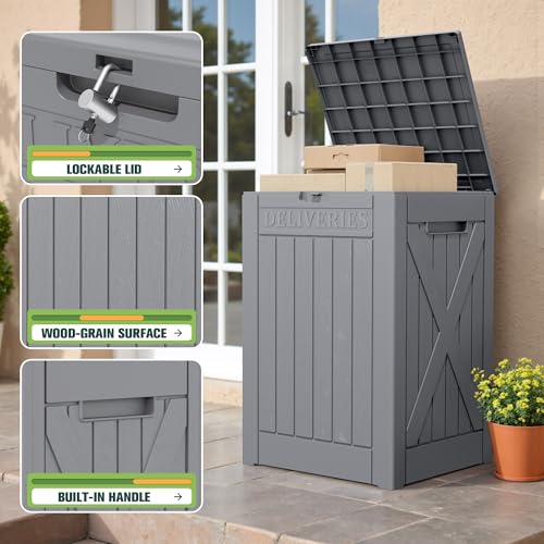 Greesum 52 Gallon Large Outdoor Package Delivery Box for Porch, Lockable Secure Double-Wall Resin Storage Bin, Waterproof Deck Container for Package Protection, Gray - color: Gray, size: 52 Gallon