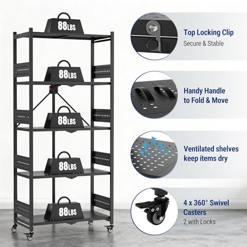 WORKPRO 5-Tier Folding Shelf, No-Assembly Metal Storage Rack with Wheels, 750 lbs Capacity (with Leveling Feet), Collapsible Shelving Unit for Kitchen, Pantry, Bathroom & Closet Organization - size: 5-Tier