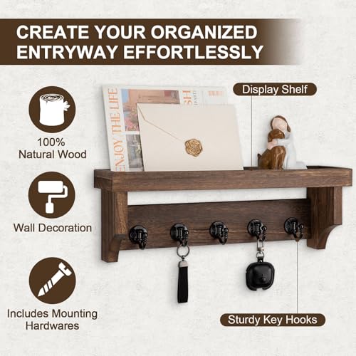 Key and Mail Holder Wall Mount, Key Holder with Shelf and Mail Organizer Wall Mount. Mail Holder with 5 Hooks for Coat, Dog Leash, Home Decor Rack, Entry Way Organizer (Brown) - color: Brown