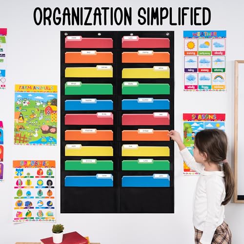 Essex Wares - 20 Pocket File Pocket Chart, Black, 28" Wide x 46" Tall - Versatile Wall Hanging File Folder Organizer for Classroom, Office, Home, and More - Wall Folder Organizer - 20 Pockets - size: 20 Pocket