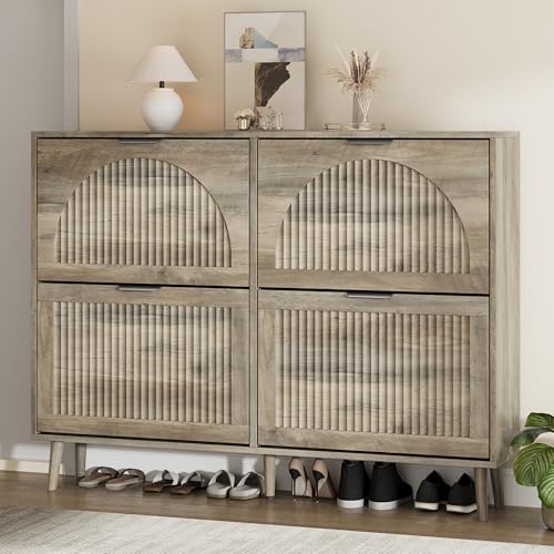 Shoe Storage Cabinet with 4 Flip Drawers, Narrow Wood Shoe Organizer Cabinet with Fluted Panel, Slim Shoe Rack for Entryway, Freestanding Shoe Cabinet for Living Room, Hallway, Grey - color: Grey, size: 4-Drawers
