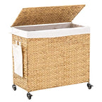 Handwoven Hamper with Lid, Laundry Basket with Wheels, Machine Washable Liner, 3 Section Clothes Hamper for Bathroom Laundry Room Bedroom(Natural, 165L) - color: Natural/With Lid/165L