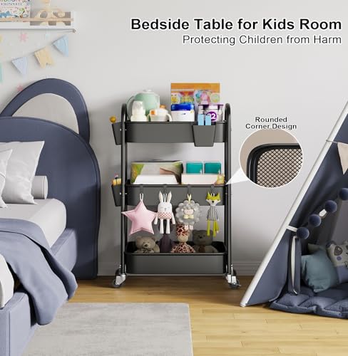 3 Tier Rolling Cart Metal with Wheels, Heavy Duty Three Tiered Rolling Storage Cart on Wheels, Black Utility Roller Carts Organizer for Baby, Art, Craft, Snack,Book, Nail, Diaper Caddy, Cleaning, Dorm - color: Mystic Black, size: 3 Tier+Cups+Hooks