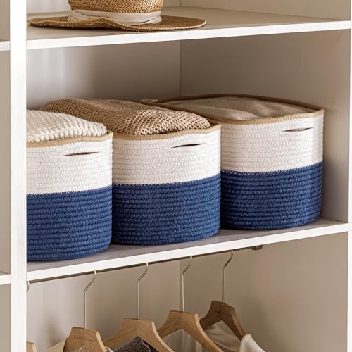 UBBCARE 4 Pack Baskets for Organizing, Woven Storage Baskets for Toys and Towel, Rectangle Cotton Rope Basket with Handles, 14''L x9''W x8''H, Navy Blue - color: White&Navy Blue, size: 4 Pack - 14 X 8 X 9 Inches