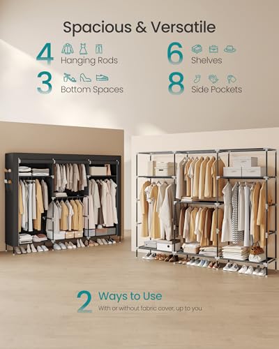 SONGMICS Portable Closet, Fabric Wardrobe, Clothes Rack with Shelves, Pockets, Large Capacity, 4 Hanging Rods, 74.4 x 17.7 x 70.9 Inches, Black URYG011BZ02 - color: Black, size: 3 Tiers(70.9"H)