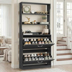 IRONCK Tall Shoe Cabinet with 2 Flip Drawers, Narrow Hidden Shoe Storage Cabinet with Shelves, Slim Freestanding Shoe Organizer for Entryway, Hallway, Black - color: Black