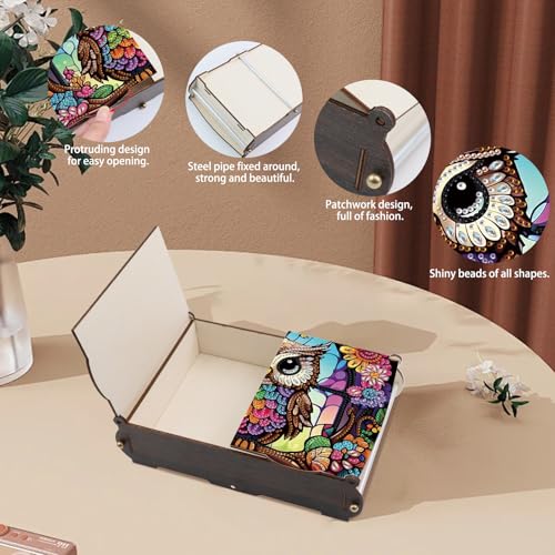 antor DIY Diamond Painting Wooden Storage Box, Owl Creative Special Shaped Rhinestone Art Flip Cover Jewelry Organizer Gift Case, Handmade Art Desktop Decor - color: Colorful Owl
