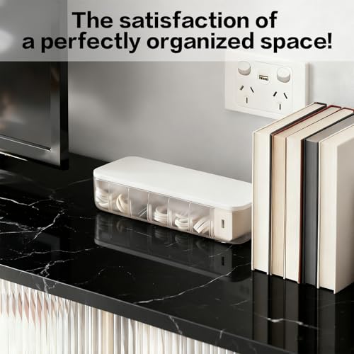 Cord Organizer Box with 7 Wire Ties – Desktop Cable Management Storage Case with Lid, Charger Cord Organizer for Drawer, Multi-Compartment Power Cord Holder for Office Home – White - size: 1pack