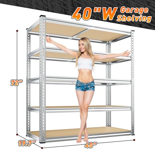 REIBII 2500LBS Garage Shelving 40" W Storage Shelves Adjustable Metal Shelving 5 Tier Pantry Shelves for Garage Closet Kitchen Basement 40" W x 19.7''D x 72''H, Silver - size: 40"W x 19.7''D x 72''H
