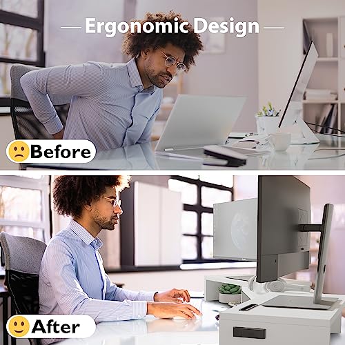 BONTEC Dual Monitor Stand Riser with Smartphone Holder, Adjustable Length & Swivel Angle, Ergonomic Wooden Desktop Organizer for PC Monitor, Laptop, Printer, Large Storage, White - color: White