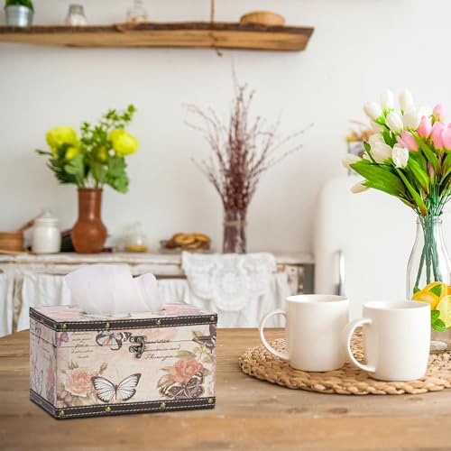 Vintage Tissue Box Cover, Wood Rectangular Tissue Box Holder, Decorative Butterflies Faux Leather Tissue Holders for Table Bathroom Living Room Kitchen Office Car Home Decor, Distressed Pink - size: Large