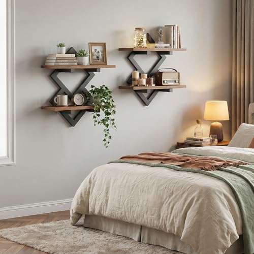 HOOBRO 15" Floating Shelves for Wall, Set of 2 Wall shelf, 2-Tier Hanging Shelves, Wall Mounted Storage Shelf, Display Rack, for Living Room Bedroom Kitchen Bathroom, Rustic Brown and Black BF14BJP201 - color: Rustic Brown + Black