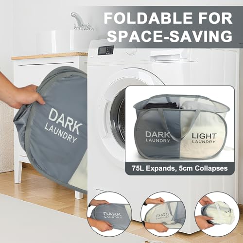 Seefoo 2-Section Collapsible Laundry Baskets, Dual Compartment Foldable Pop Up Hamper with Handles, Dark/Light Labels for Sorting, Compact & Lightweight for Laundry Room, Bedroom, Dorm, Bathroom - style: 2 Compartment A