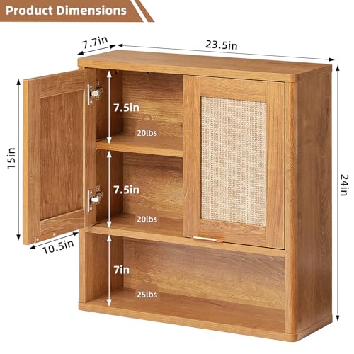 LEYAOYAO Rattan Bathroom Wall Cabinet, Boho Medicine Cabinet with Adjustable Shelf & Doors, Over The Toilet Storage Cabinets Organizer for Laundry Room, Kitchen, Living Room, Tea Brown - color: Teac, size: 7.7"D×23.5"W×24"H