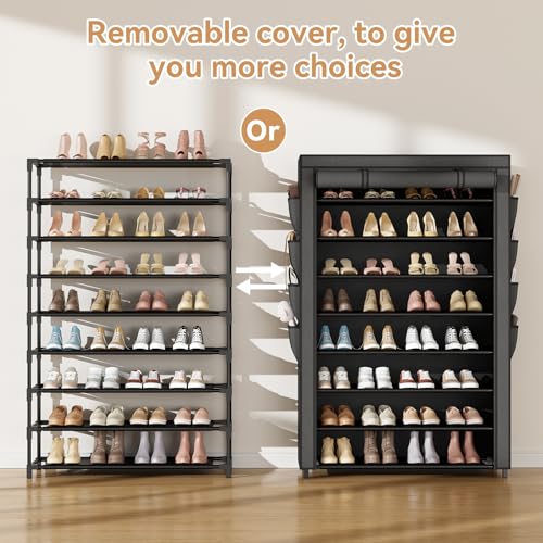 VILICK Shoe Rack with Cover, 8 Tier Tall Shoe Organizer Storage for 36-45 Pair Shoes and Boots Large Shoe Storage Shelf Free Standing Shoe Rack for Closet, Front Door Entrance, Dorm, Garage - color: Black, size: 33.8"W-8 Tier