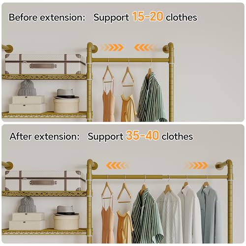 Higeego W5 Adjustable Clothing Rack, Wall Mounted Closet System Expandable Clothes Rack Adjustable Shelves, Heavy Duty Pipe Wardrobe for Walk-in/Reach-in Closet, 9-12 ft Wide 1300LBS Load, Gold - color: Gold