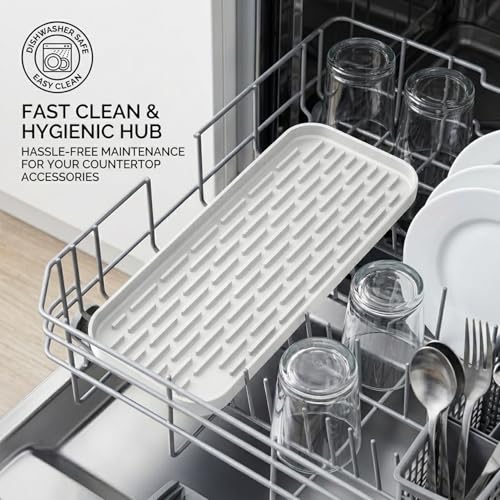 Silicone Organizer Tray, Soap and Sponge Holder for Kitchen Sink, Bathroom - Storage Tray for Dish Brush, Soap Dispenser, Dishwashing Accessories-(White 1 Pack, 12"x4.7") - color: White, size: 12"x4.7", 1 Pack