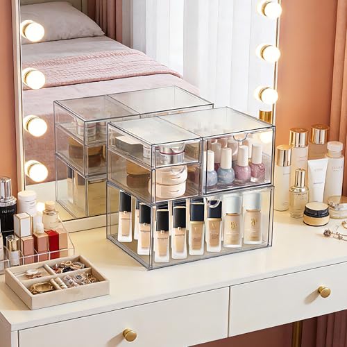 Prsildan Acrylic Drawer Makeup Organizer with 4 Drawers, Set of 2 Office Desk Organizers Accessories, Clear Stackable Storage Drawers for Vanity, Countertop, Craft, Jewelry, Art Supply Organization - style: 4 Drawers
