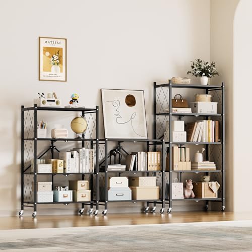 Simple Deluxe 3-Tier Folding Storage Shelves, 27.95" W x 14.96" D x 34.25" H Foldable Shelving Unit, 750 Lbs Loading Capacity, Black - color: Black, size: 3-Tier, 28"W x 15"D x 34"H