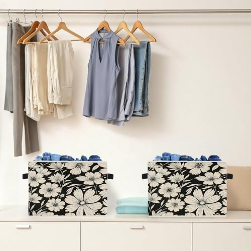 Black and White Floral Storage Box Bins, Vintage Botanical Daisy Flower Collapsible Storage Basket Organizer for Bedroom Laundry Room Home Clothes Toys Books, Toybox for Girls - color: Floral L