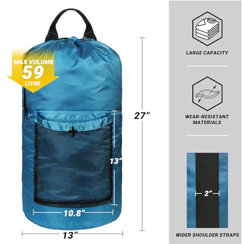 Laundry Bag with Shoulder Straps and Mesh Pocket Laundry Backpack Large Portable Laundry Hamper for College Laundromat Apartment (Light Blue) - color: Light Blue