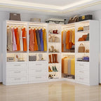 Closet System with 4 Sets, 8.5FT-21.5FT Corner Closet Organizer System with 9 Drawers & 12 Shelves & 8 Hanging Rods, L-Shaped Modular Closet System adjustable for Freestanding or Walk-in Closet, White