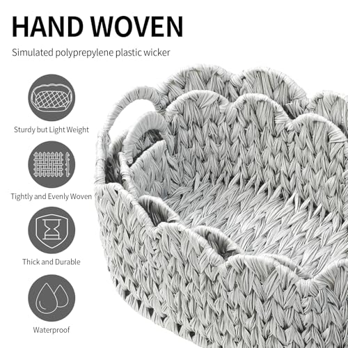 Coeusy Wicker Scalloped Basket Set of 2,Woven Storage Baskets for Shelves,Closet,Laundry,Gift,Towels,Books,Toys,Waterproof Cute Decor Basket for Organizing,Grey - color: Grey
