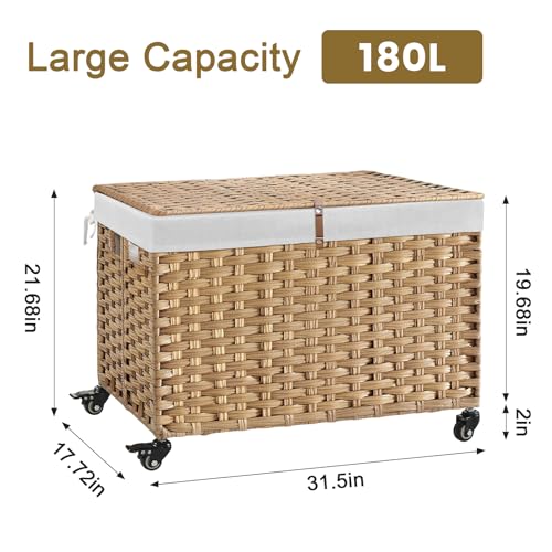 Rolling Storage Basket with Lid, 47.6 Gallon (180L) Storage Bin with Wheels, Woven Rattan Blanket Storage Basket with Handles, Foldable, Metal Frame, Removable Liner for Bedroom, Laundry Room, Natural - color: Natural