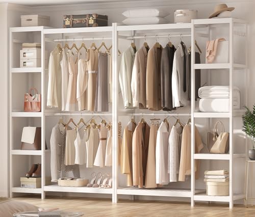 Homykic Closet System Set of 2, Bamboo Clothing Rack for Hanging Clothes with 14 Adjustable Shelves & 4 Rods, Freestanding Clothes Rack with 4 Hooks, Open Wardrobe Organizer Garment Rack, Pure White - color: Pure White, size: 2-Pack