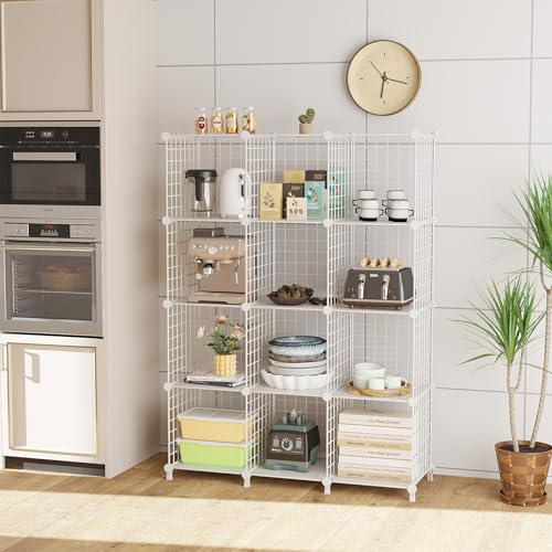 12-Cube Storage Organizer, Metal Wire Cube Shelving Unit, 11.8" L x 11.8" W x 11.8" H, Modular Grid Bookshelf for Closet, Bedroom, Office, White ATTJL12W - color: White