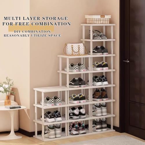 Bamboo Shoe Rack 12 Tier- Vertical Shoe Rack for Small Spaces, Tall Narrow Shoe Rack Organizer for Closet Entryway Corner Garage and Bedroom,Skinny Shoe Shelf with Free Stackable DIY White Storage - color: White, size: 12-tier