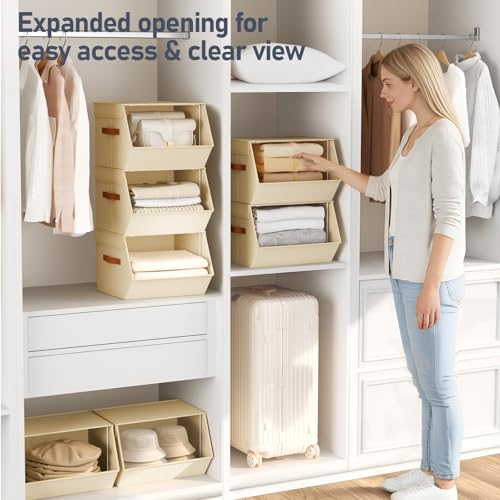 Stackable Closet Organizers and Storage Bins, Open Front Closet Shelf Organizer System With Steel Frame, Clothes Storage Basket Fabric, Collapsible Closet Drawers for Wardrobe, Nursery ,Toy, 4 Pack - color: Beige, size: 11.4 x 12.6 x 9.8. - 4 Pack
