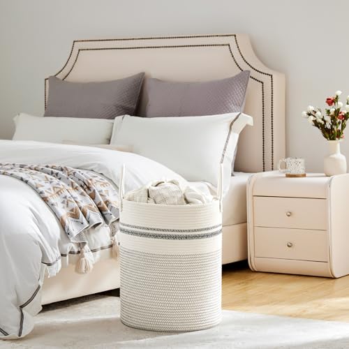 VIPOSCO Large Laundry Hamper, Tall Woven Rope Storage Basket for Blanket, Toys, Dirty Clothes in Living Room, Bathroom, Bedroom - 53L Stripe White - color: Stripe White, size: 53L