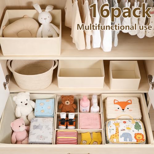 Drawer Organizer Clothes, 16 Pack Dresser Organizer Bins, Foldable Closet Organizers and Storage Fabric Dresser Bins, Shallow Drawer Dividers for Clothing, Underwears, Socks, Tie - color: off-white