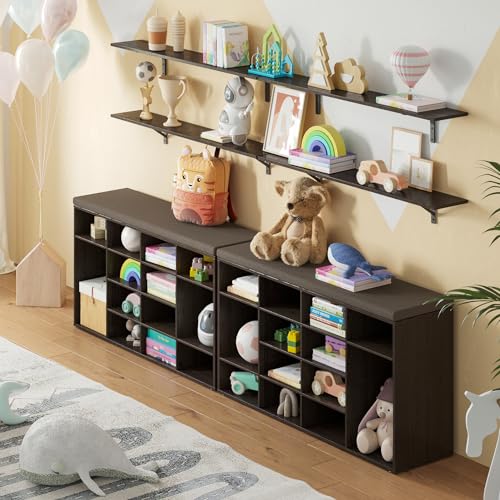 DINZI LVJ Shoe Storage Bench with Cushion, 16-Cubby Shoe Rack, Adjustable Shelves, Multifunctional Shoe Organizer Bench for Entryway, Mudroom, Hallway, Living Room, Bedroom and Garage, Espresso - color: Espresso, size: 16 Cubby