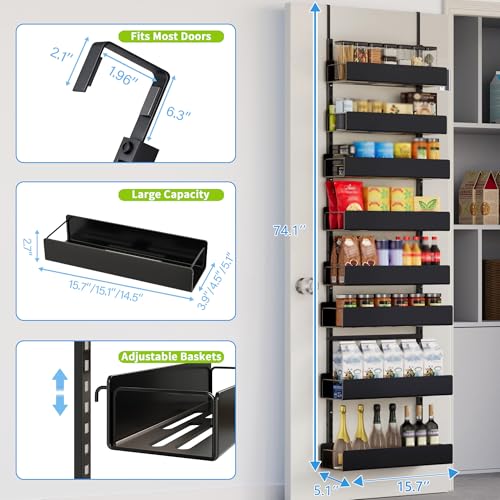 Over the Door Pantry Organizer, 8-Tier Metal Over The Door Organizer, Hanging Spice Rack Shelves Door for Kitchen Pantry Organizers and Storage, Black - color: BlackPlate, size: 8-Tier