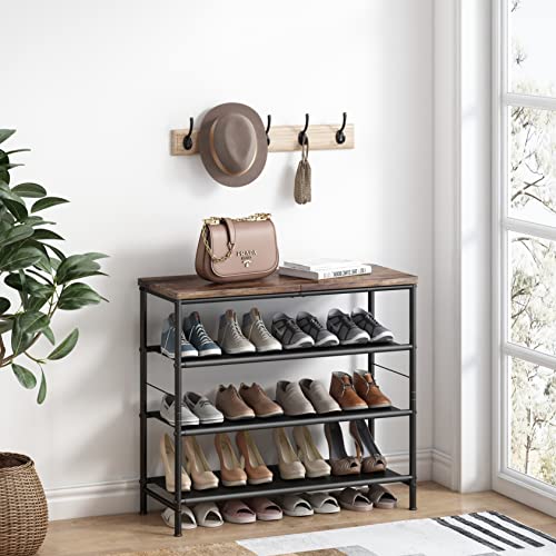 INGIORDAR Shoe Rack Organizer 4 Tier Metal Organizer Shelf with Industrial MDF Board and Layer Fabric for Entryway Closet Bedroom Living Room Garage,Black & Rustic Brown (Black+Rustic Brown, 4 Tier) - color: Black+rustic Brown, size: 4 Tier