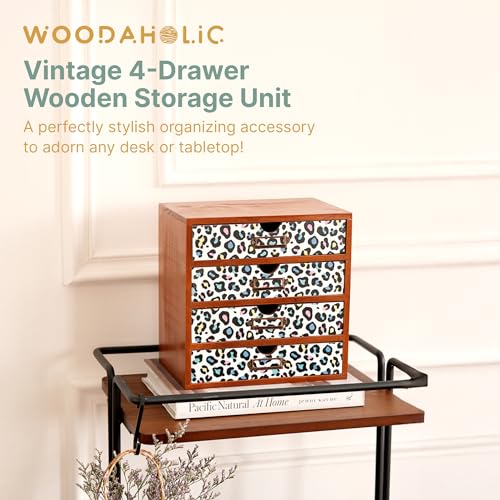 Colorful Leopard Print Wooden Desk Organizer - 4-Drawer Desktop Storage Cabinet for Office Supplies, Craft Tools & Home Organization - Trendy Wood Design for Crafters, Art Enthusiasts, Students - color: Multi-Color Leopard