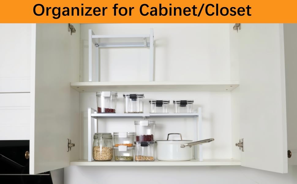 2 Pack Expandable Cabinet Shelf Organizer Riser for Kitchen Pantry Cupboard Under Sink Countertop (2 pack 8.2’’D * 12.2-21.6’’W * 10.4’’H) (white) - color: White, size: 8.2''D * 12.2-21.6''W * 10.4''H(2 Pack)