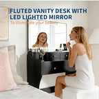 Garvee 31.5-Inch Wide Vanity with Chair, Womens Vanity with Stool, LED Mirror, Hairdryer Holder, Power Outlet, 3 Lighting Color Adjustable - color: Black Vanity With Chair
